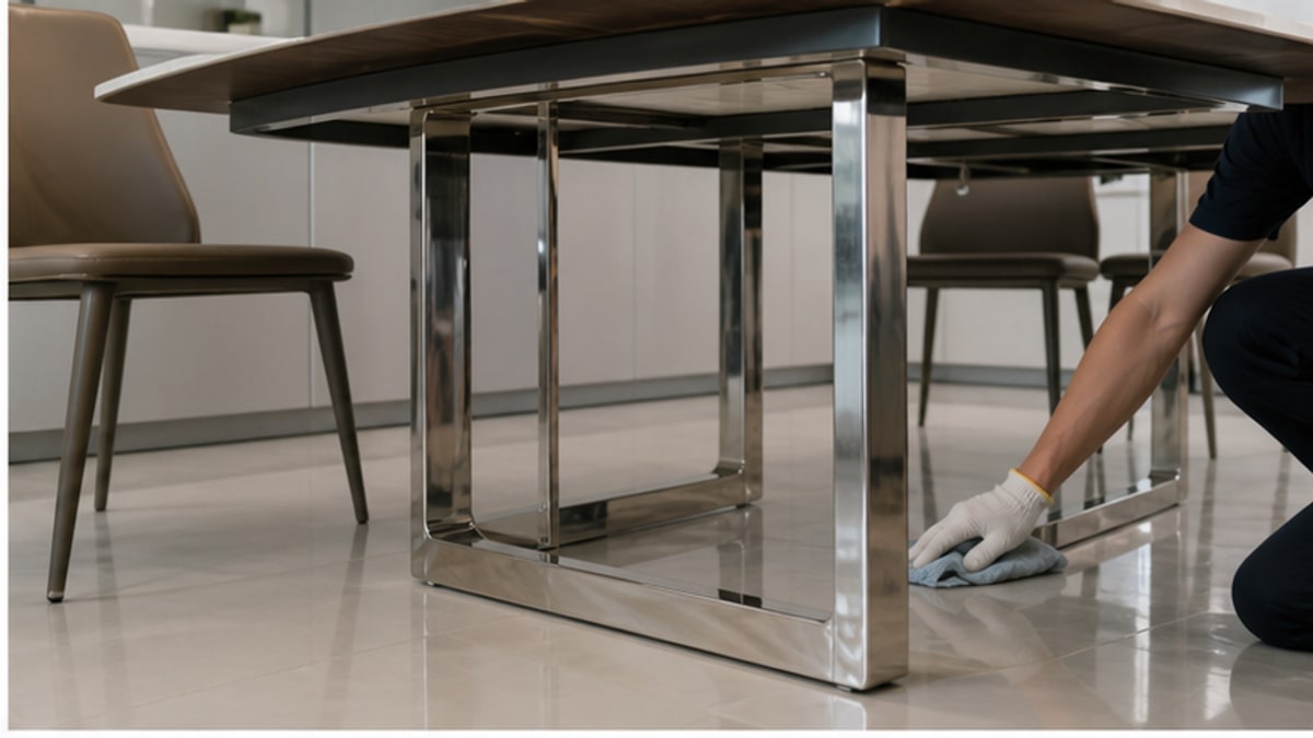 chân bàn ăn inox với khoảng trống cho ghế và lối lau dọn