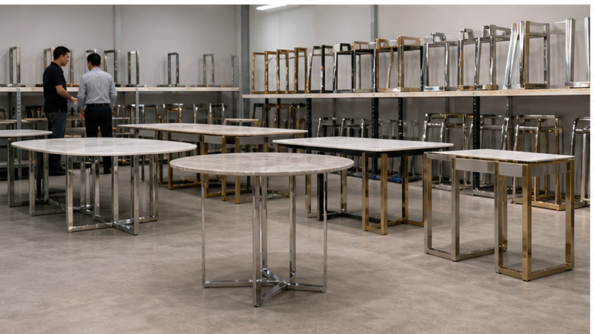 mẫu chân bàn inox đẹp trong showroom bàn inox