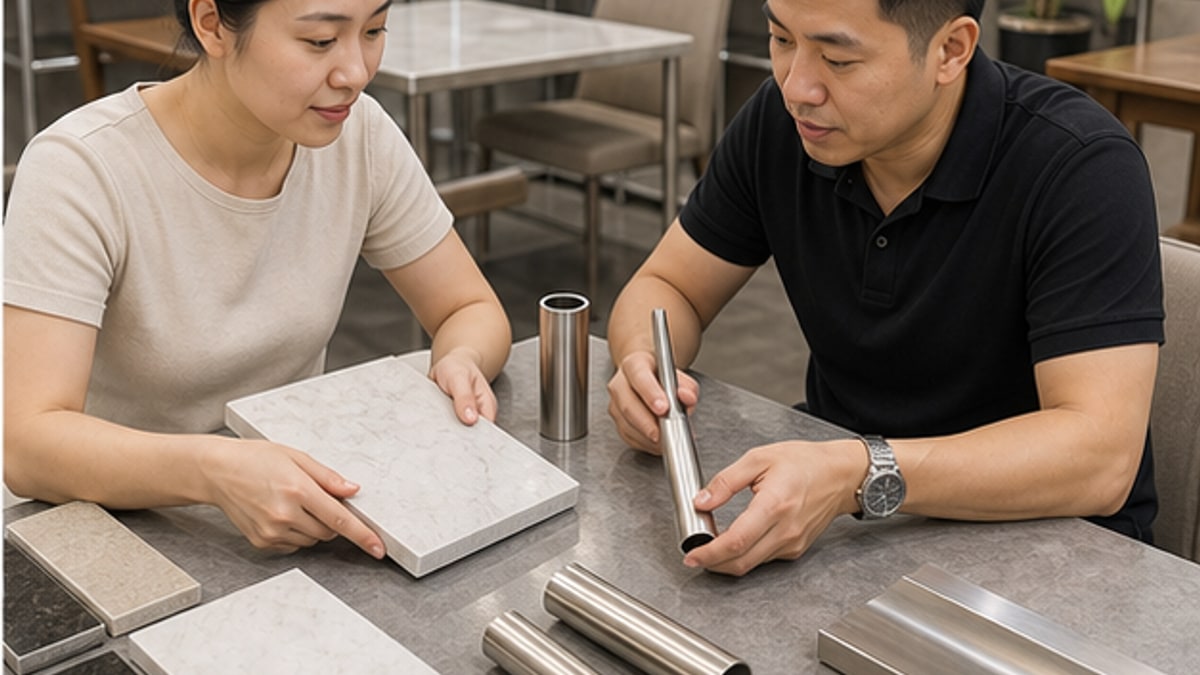 tư vấn chọn bàn chân inox mặt đá tại showroom