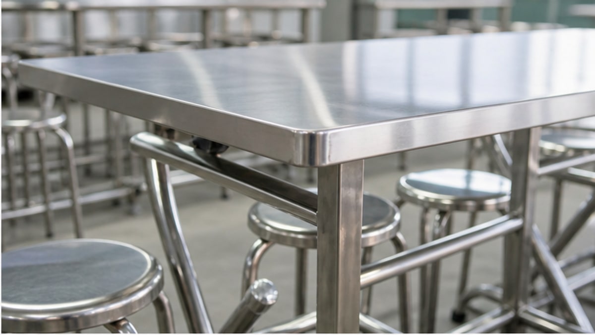 Bàn Ăn Công Nghiệp Inox Cho Nhà Ăn Và Căn Tin Đông 3 Cận cảnh bàn ăn công nghiệp inox và khung chân inox