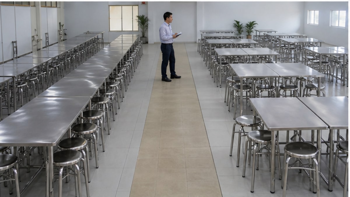 Bàn Ăn Công Nghiệp Inox Cho Nhà Ăn Và Căn Tin Đông 4 Bố trí bàn ăn công nghiệp inox theo lối đi trong nhà ăn