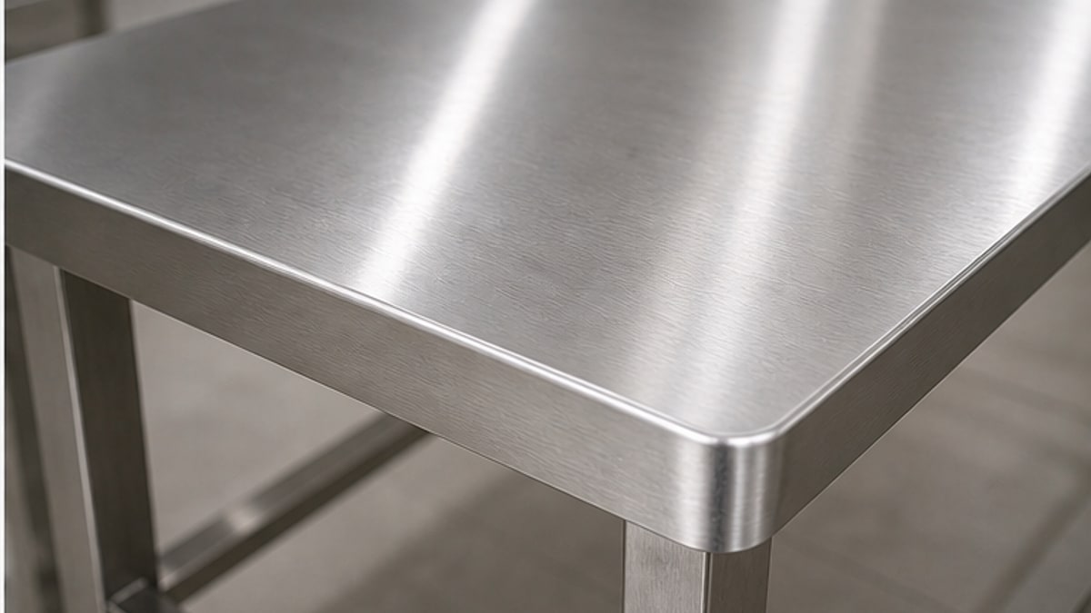 Bàn Ăn Inox Chữ Nhật: Chọn Kích Thước Hợp Gia Đình Và Quán 3 Cận cảnh mặt bàn inox chữ nhật và chân bàn chắc chắn
