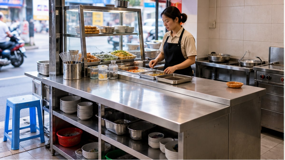 bàn bán hàng inox trong quầy thực phẩm sạch