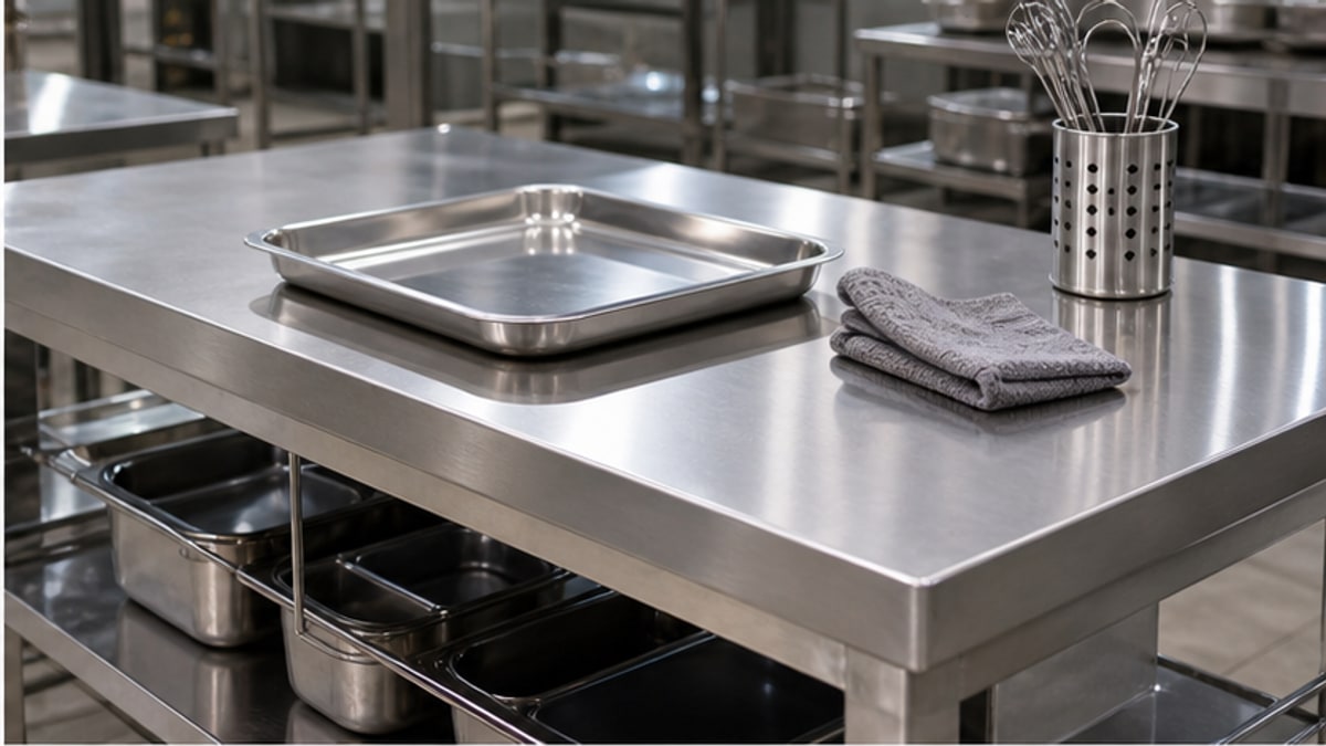 chi tiết mặt bàn bán hàng inox và kệ dưới