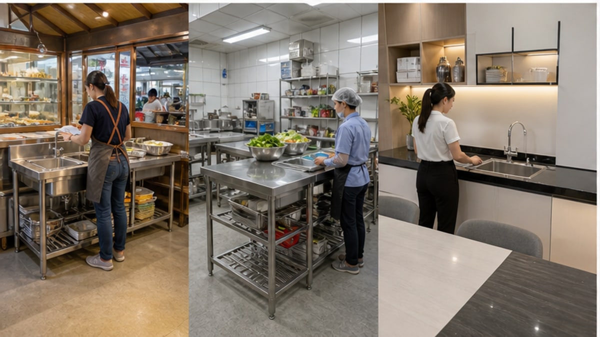 Bàn bếp chậu rửa inox và các kiểu bàn bếp inox trong nhiều không gian