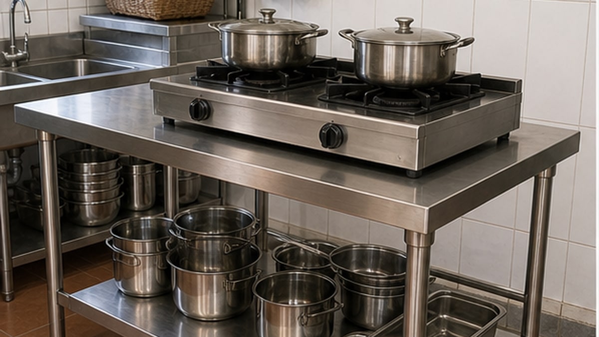 bàn bếp ga công nghiệp inox trong khu bếp quán ăn sạch