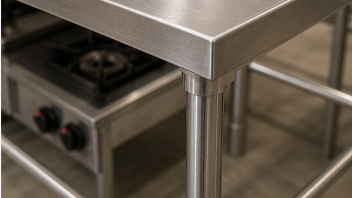 cận cảnh mặt bàn bếp ga inox và chân bàn chắc