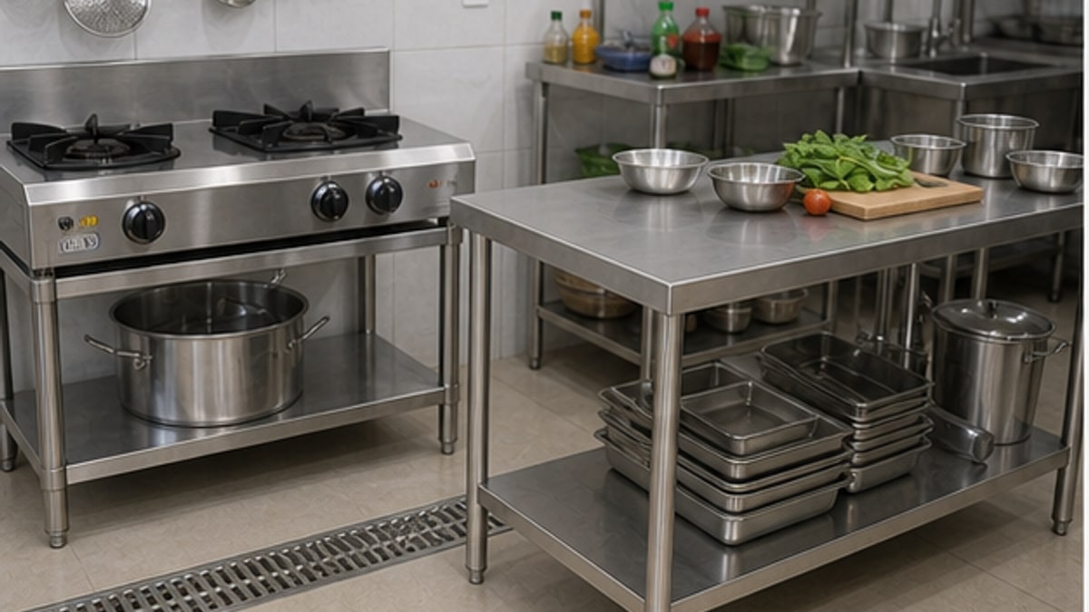 bàn để bếp ga inox và bàn soạn inox trong bếp công nghiệp nhỏ
