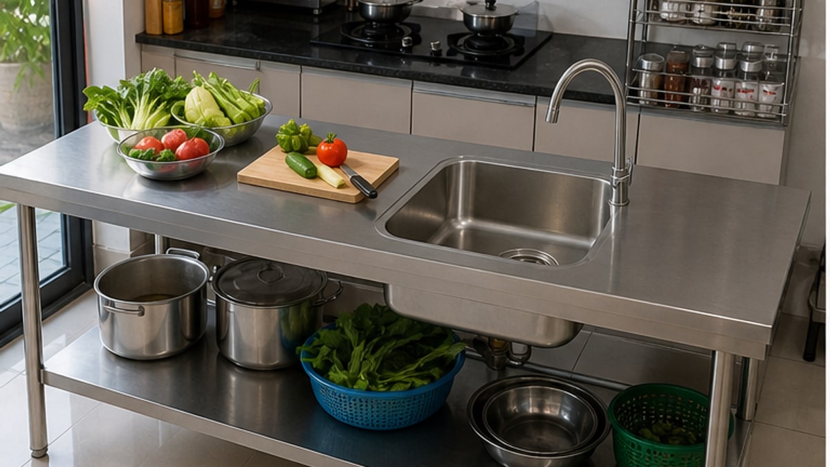 Bàn bếp inox có chậu rửa trong khu bếp sạch gọn
