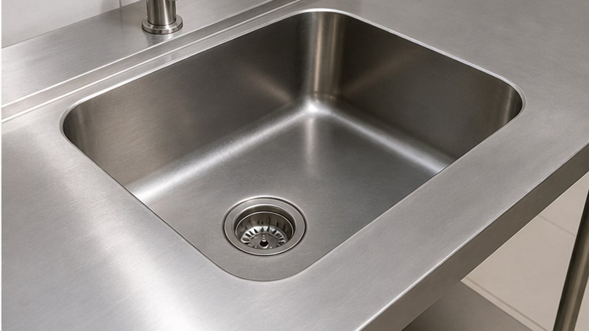Cận cảnh mặt bàn bếp inox và chậu rửa dễ vệ sinh