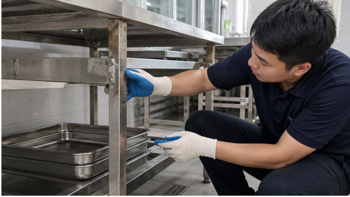 Kiểm tra khung chân bàn bếp inox cũ thanh lý