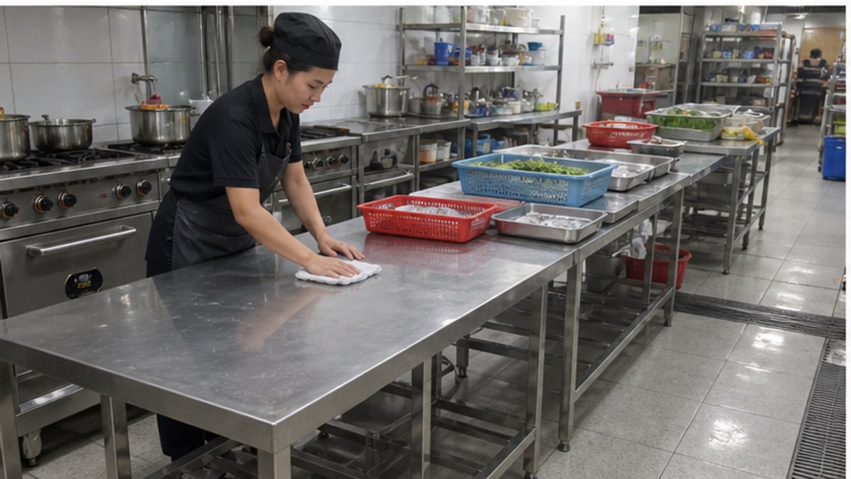 Bàn bếp inox cũ thanh lý trong khu bếp sạch
