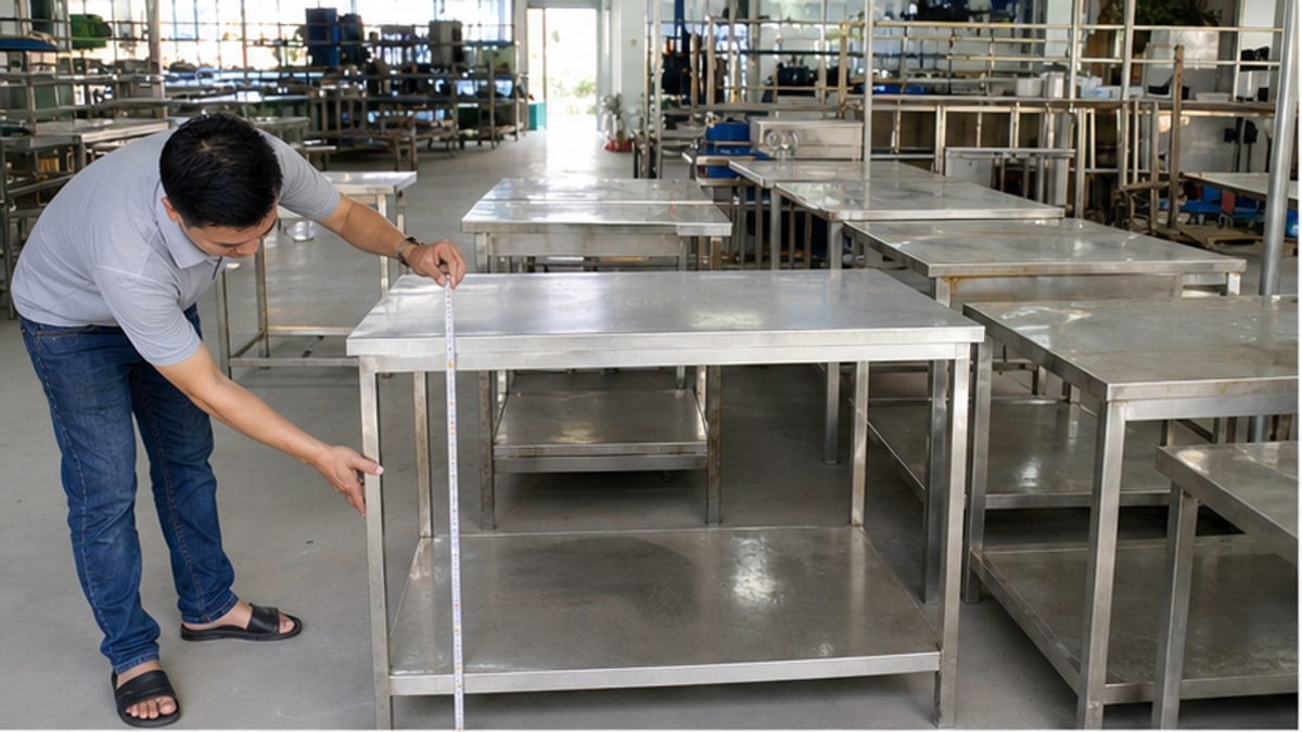 Kiểm tra kích thước bàn bếp inox thanh lý trong showroom