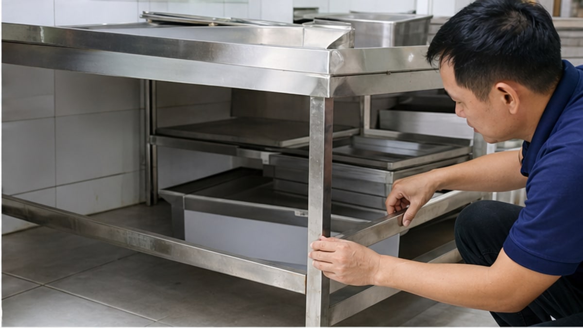 Kiểm tra khung chân bàn bếp inox cũ thanh lý