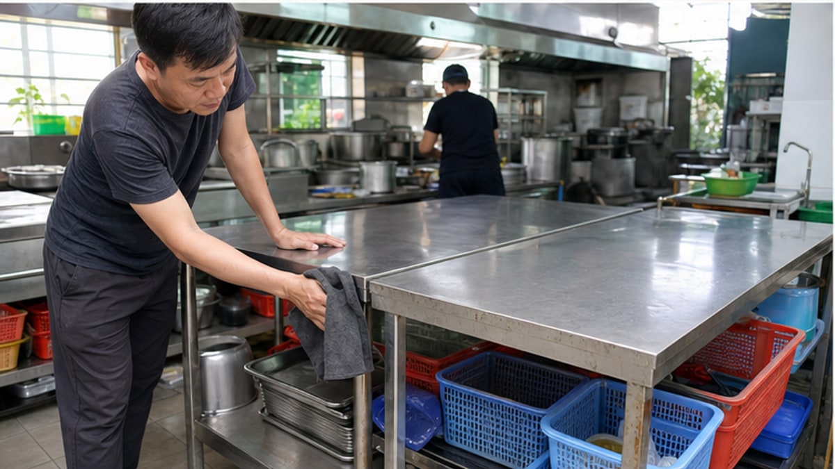 Vệ sinh bàn bếp inox thanh lý trước khi dùng trong bếp