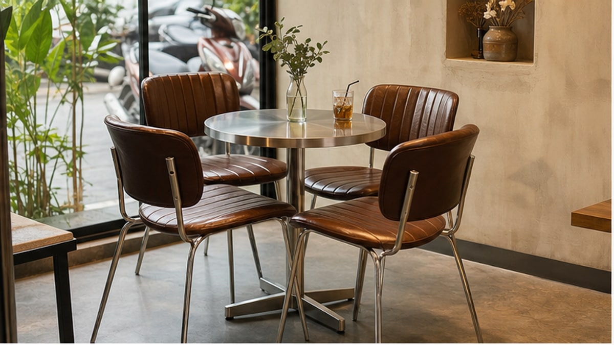 bàn cafe chân inox trong quán cafe nhỏ gọn sạch
