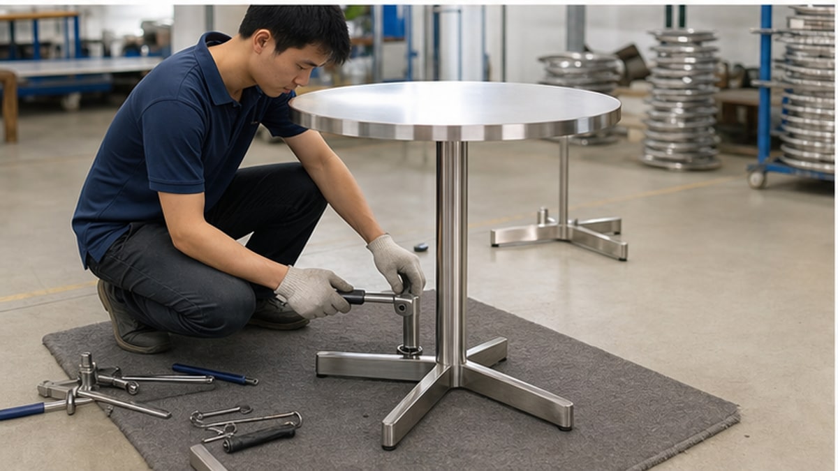 bàn tròn inox chân rời được lắp đặt gọn trong xưởng