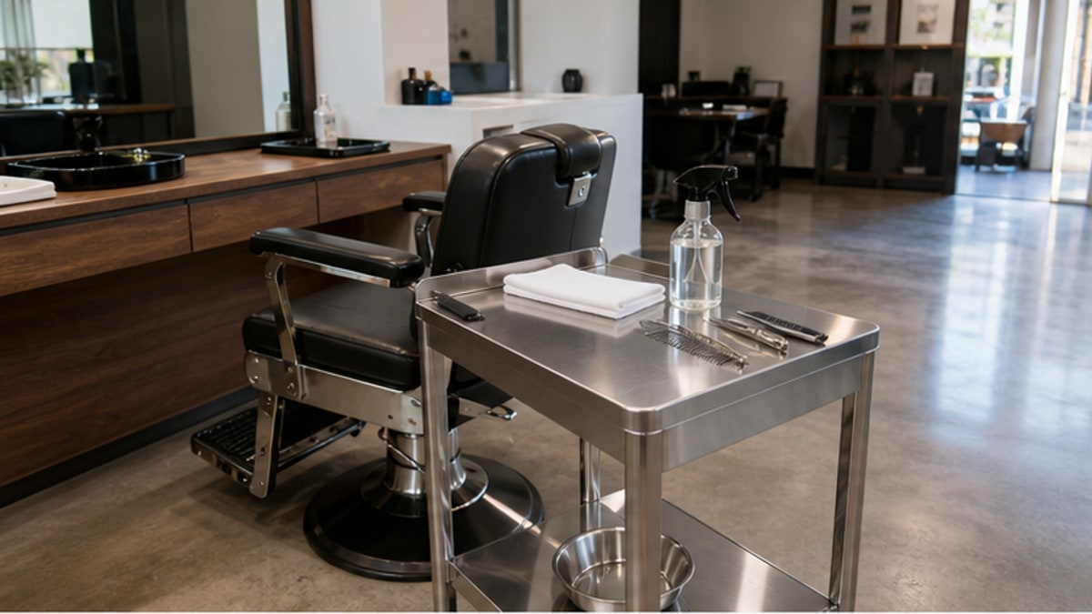 Bàn cạo râu inox cạnh ghế barber trong không gian dịch vụ sạch