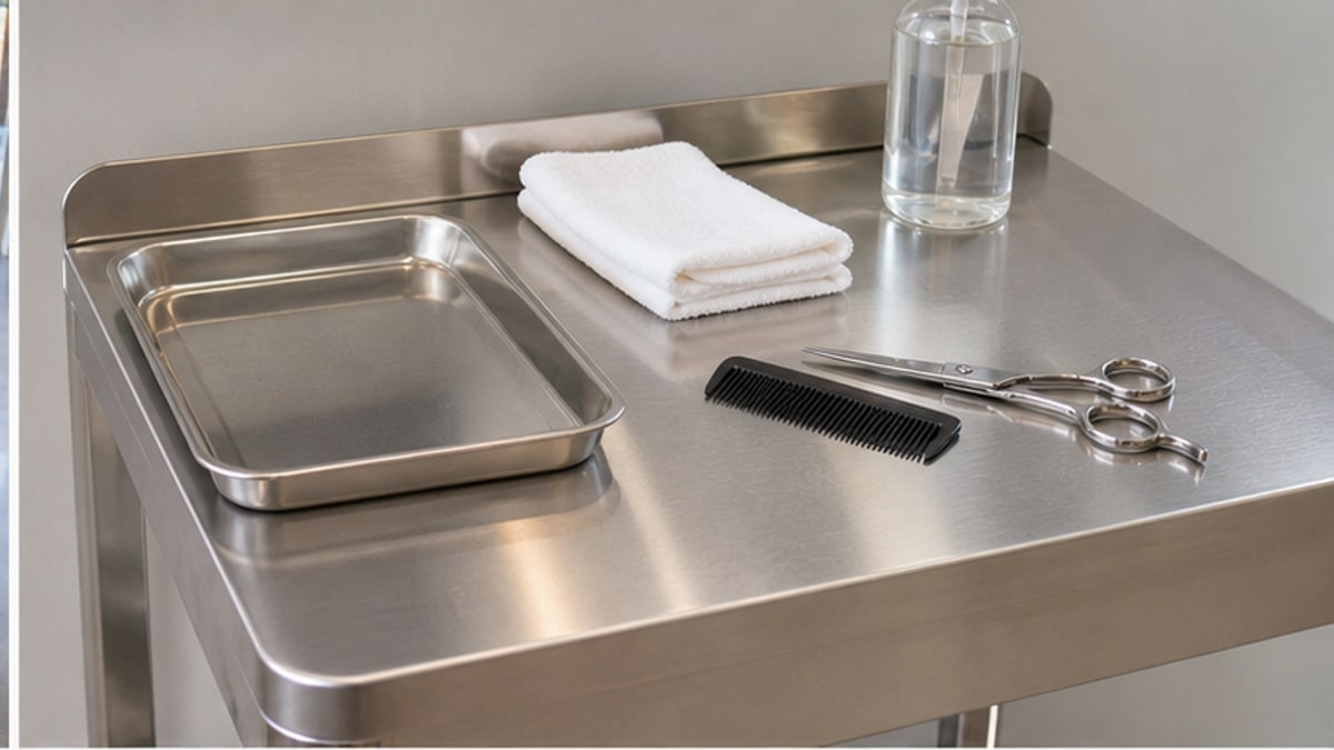 Mặt bàn cạo râu inox với khay dụng cụ và khăn sạch