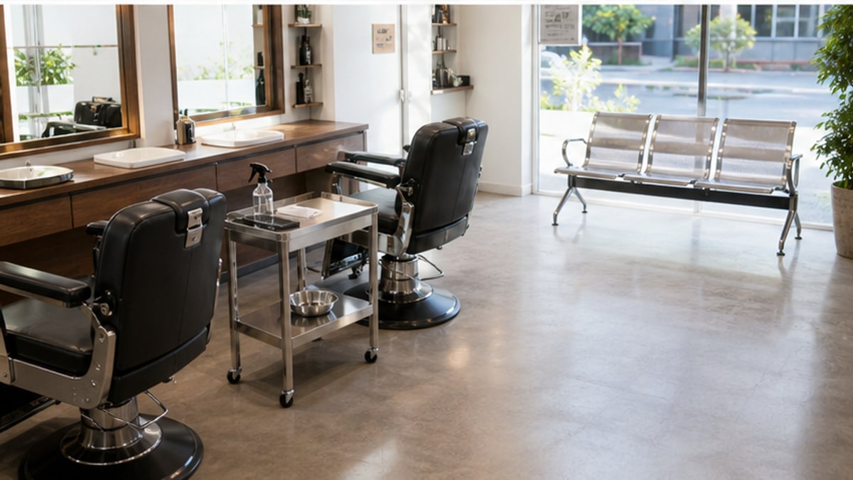 Bàn cạo râu inox bố trí gọn trong tiệm barber nhỏ