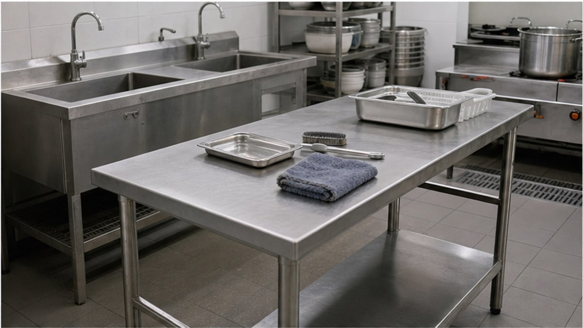 Bàn chải inox trong khu vệ sinh dụng cụ sạch gọn