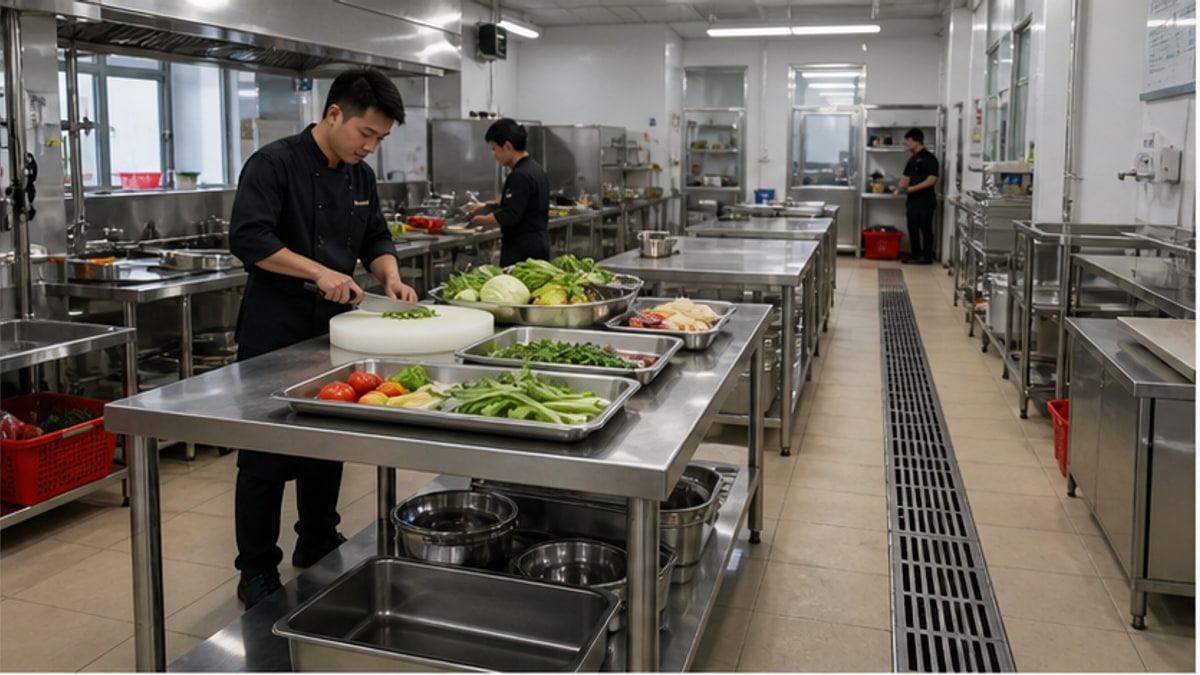 bàn chặt inox trong khu sơ chế bếp quán sạch gọn