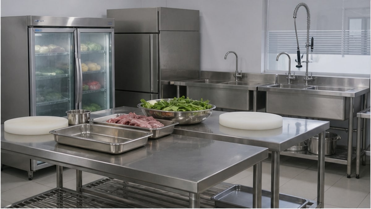 tủ mát bàn chặt inox trong bếp thương mại gọn sạch