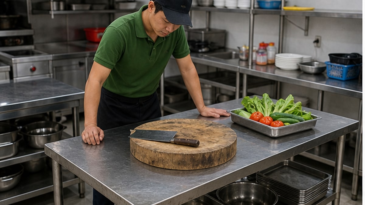 Bàn chặt inox cũ trong khu bếp sạch có thớt sơ chế