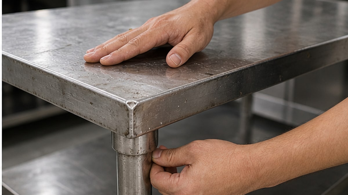 Cận cảnh mặt bàn inox cũ và chân bàn cần kiểm tra