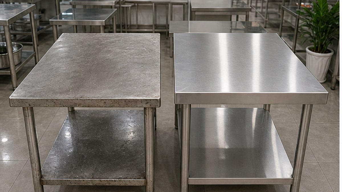 Bàn inox cũ thanh lý và bàn inox mới trong khu trưng bày