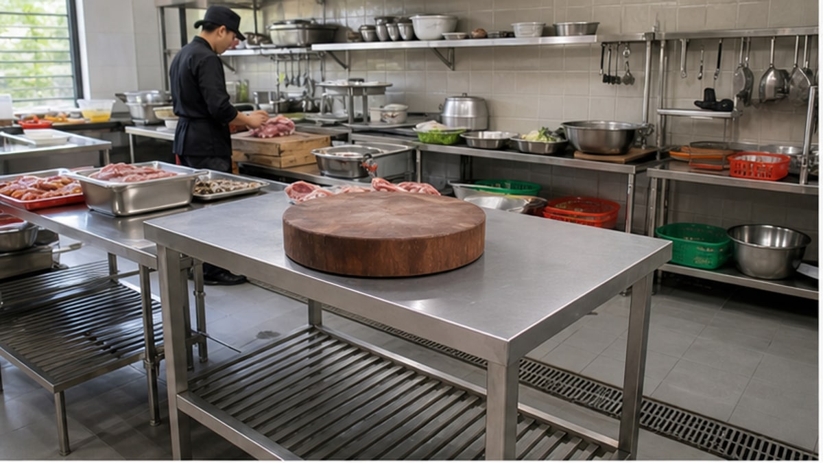 Bàn chặt thịt inox trong khu sơ chế sạch