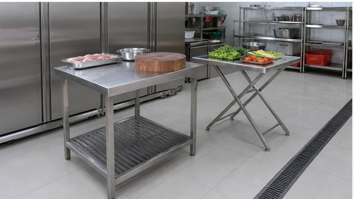 Bố trí bàn chặt thịt inox cạnh tủ mát trong bếp
