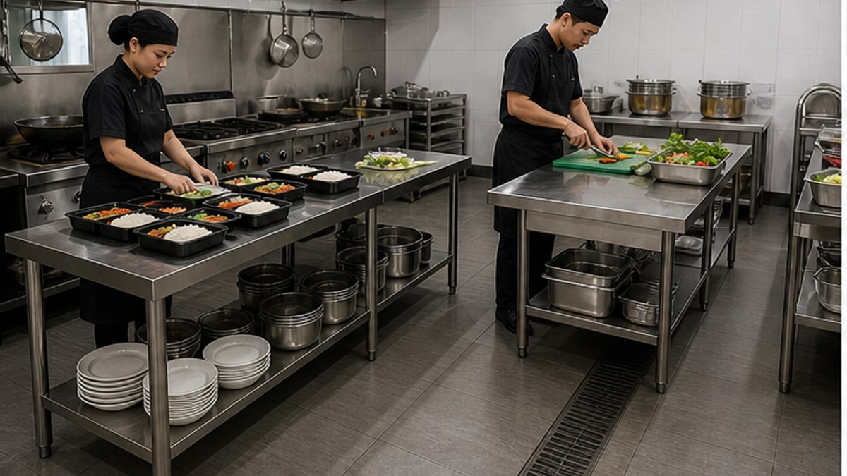 Bàn chia thức ăn inox và bàn sơ chế inox trong khu bếp