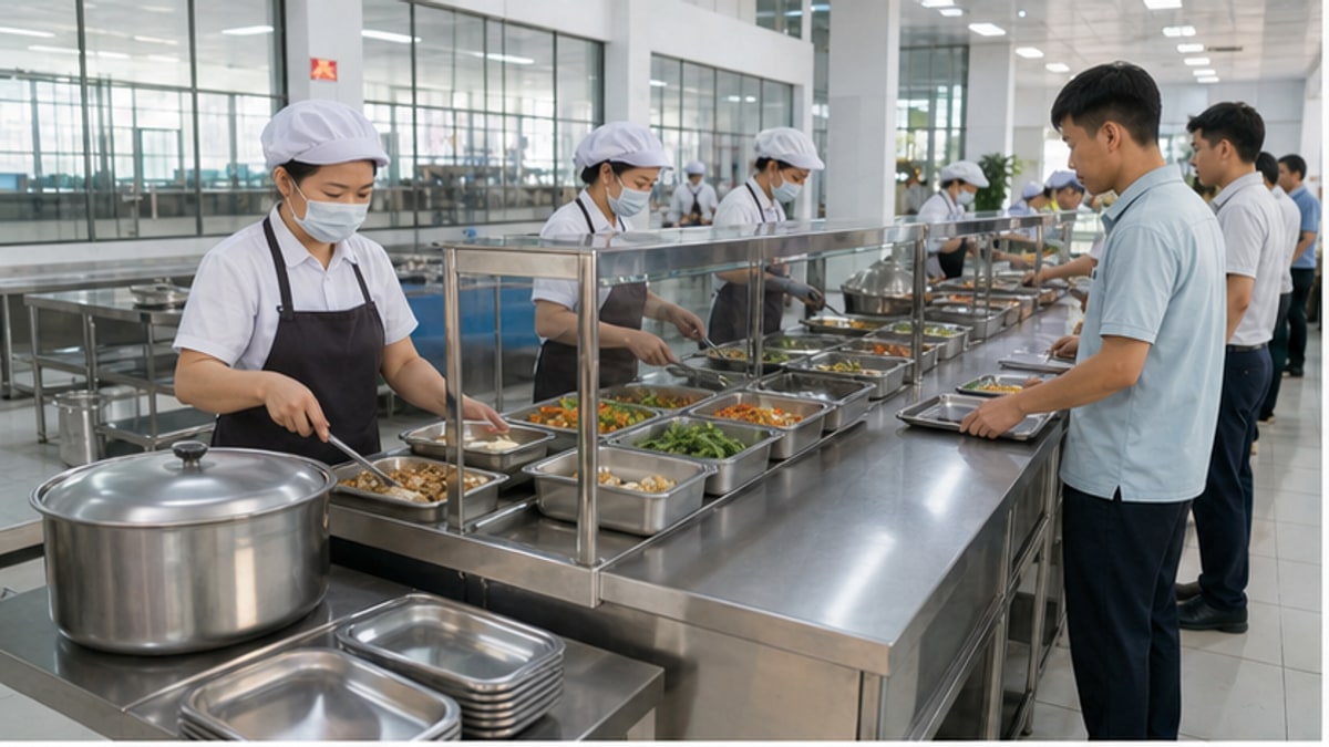 Bàn chia thức ăn inox trong căn tin sạch và gọn