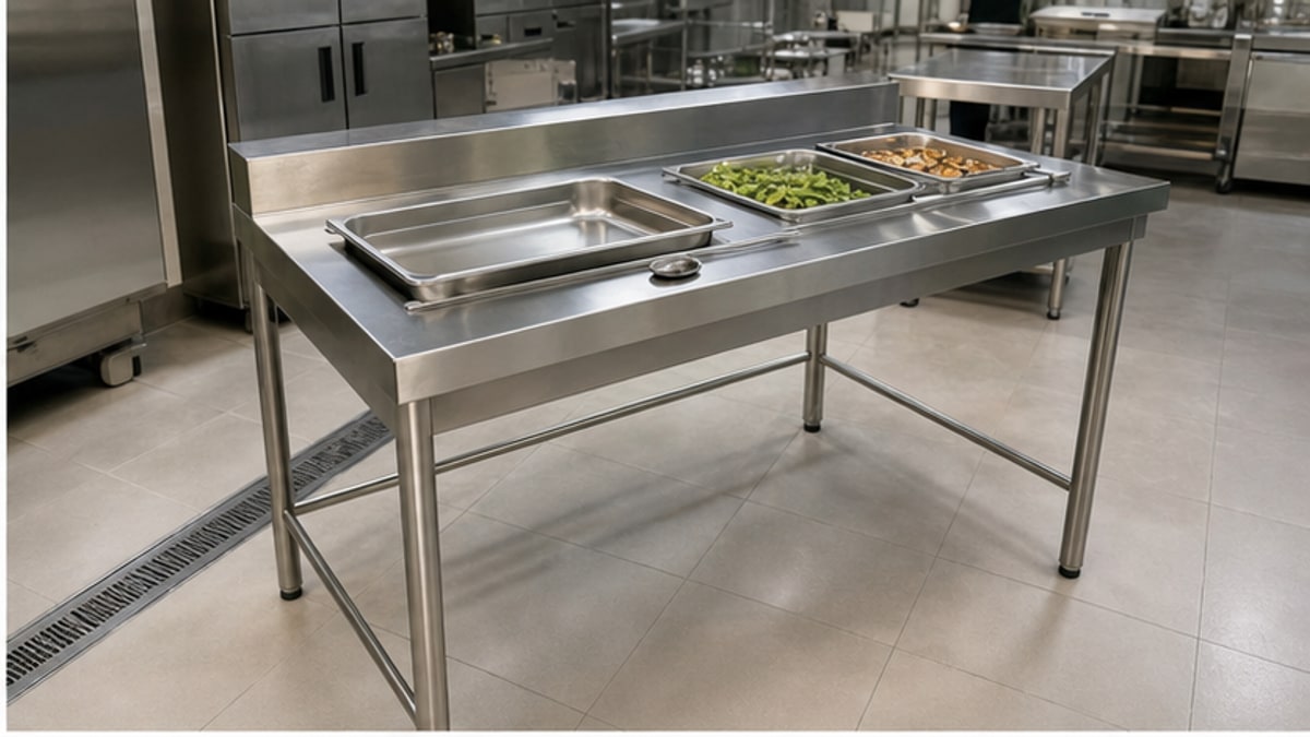 Cận cảnh mặt và chân bàn chia thức ăn inox