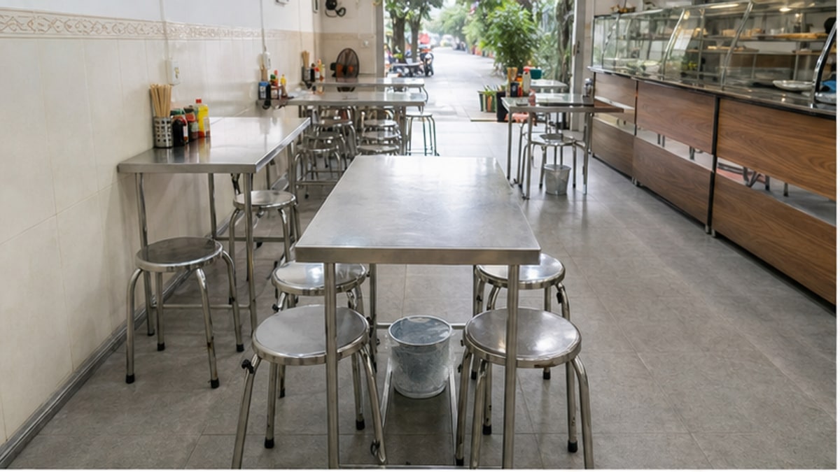 bàn chữ nhật inox trong quán ăn sạch và gọn