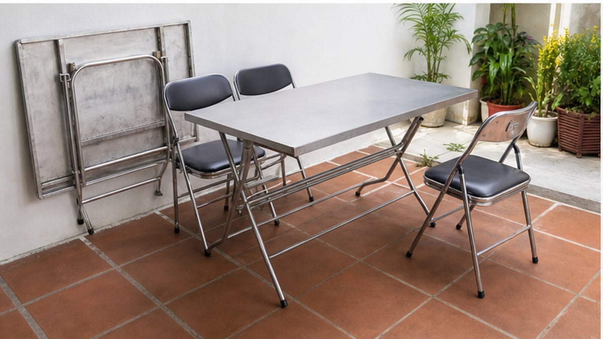 bàn inox chữ nhật xếp trong không gian linh hoạt
