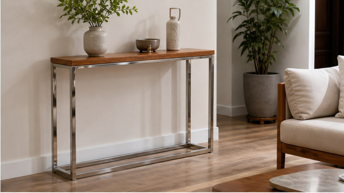 bàn inox mặt gỗ kiểu console trong phòng khách gọn