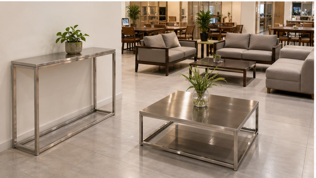so sánh bàn console inox và bàn inox vuông thấp trong showroom