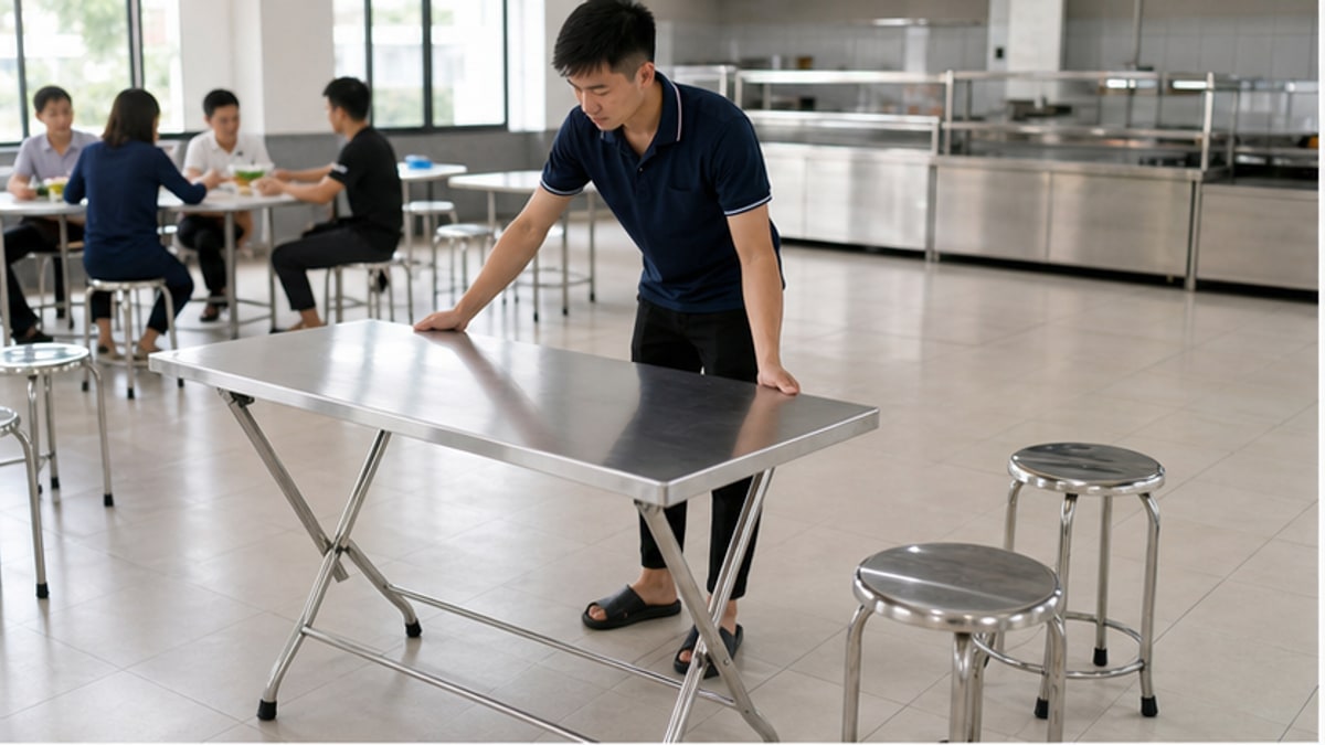 Bàn gấp chân inox trong khu căn tin gọn sạch