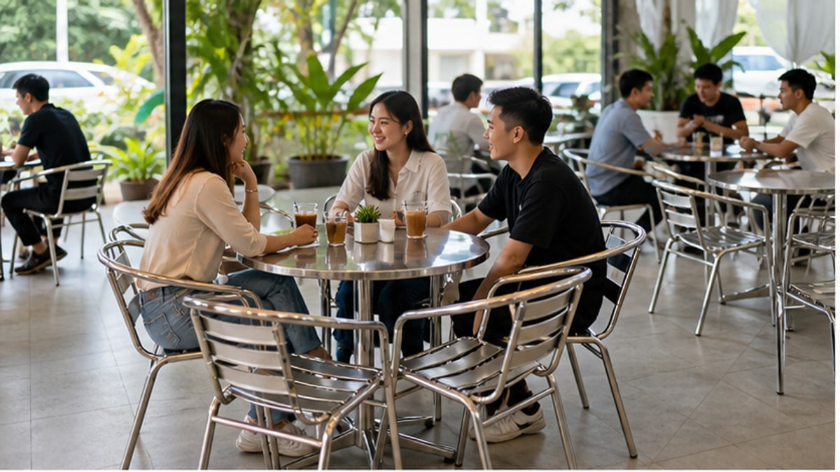 bàn ghế cafe inox trong quán cafe nhỏ sáng sạch