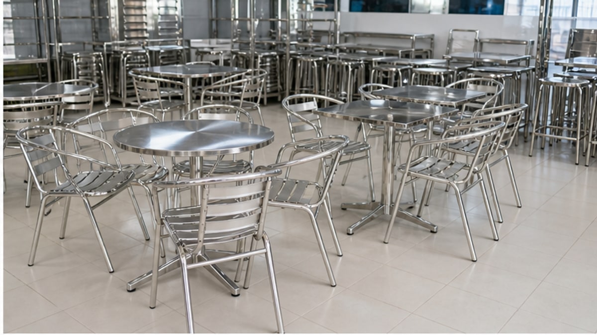 nhiều bộ bàn ghế cafe inox trong showroom sạch