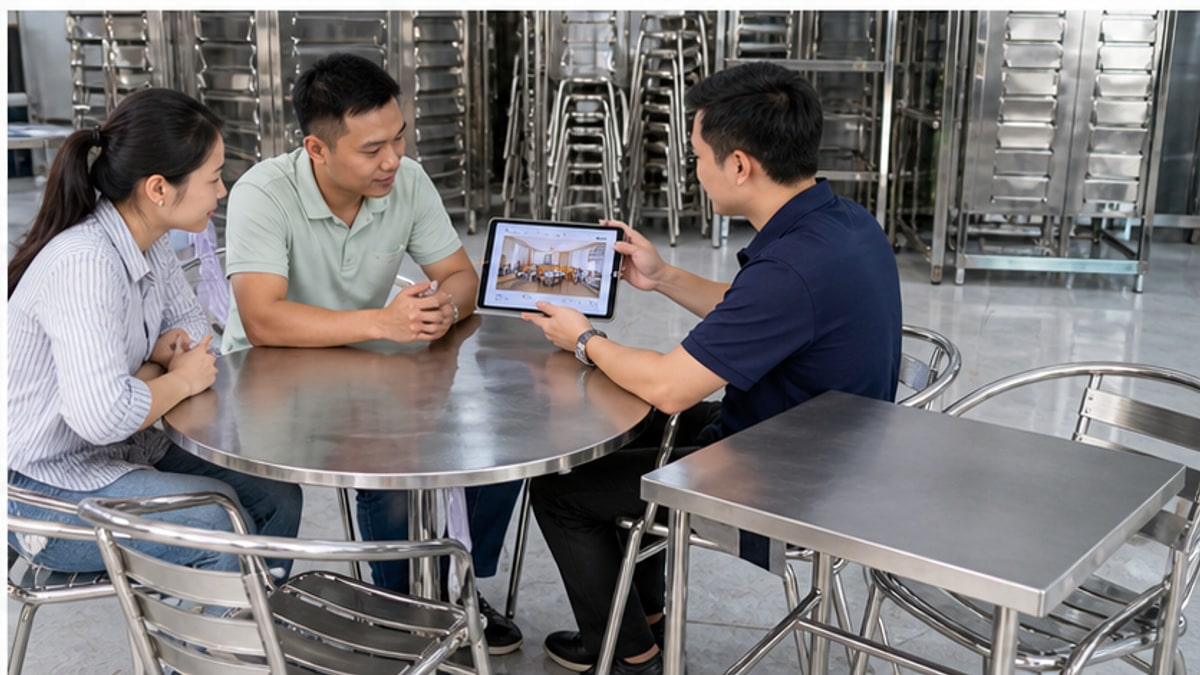 tư vấn chọn bàn ghế cafe inox theo mặt bằng thực tế