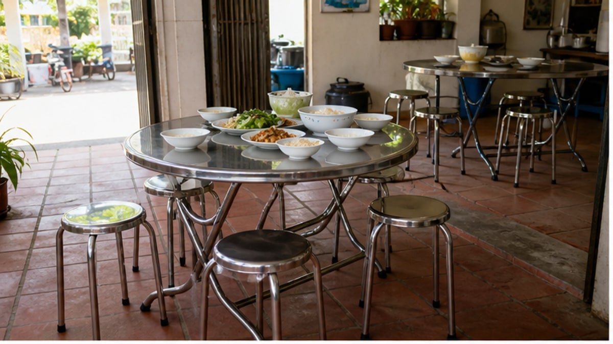 bàn ghế tròn inox 304 trong không gian ăn uống gọn sạch