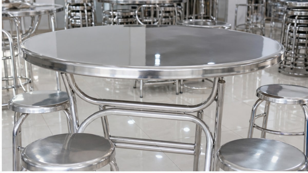 cận cảnh bàn tròn inox 304 và ghế inox trong showroom