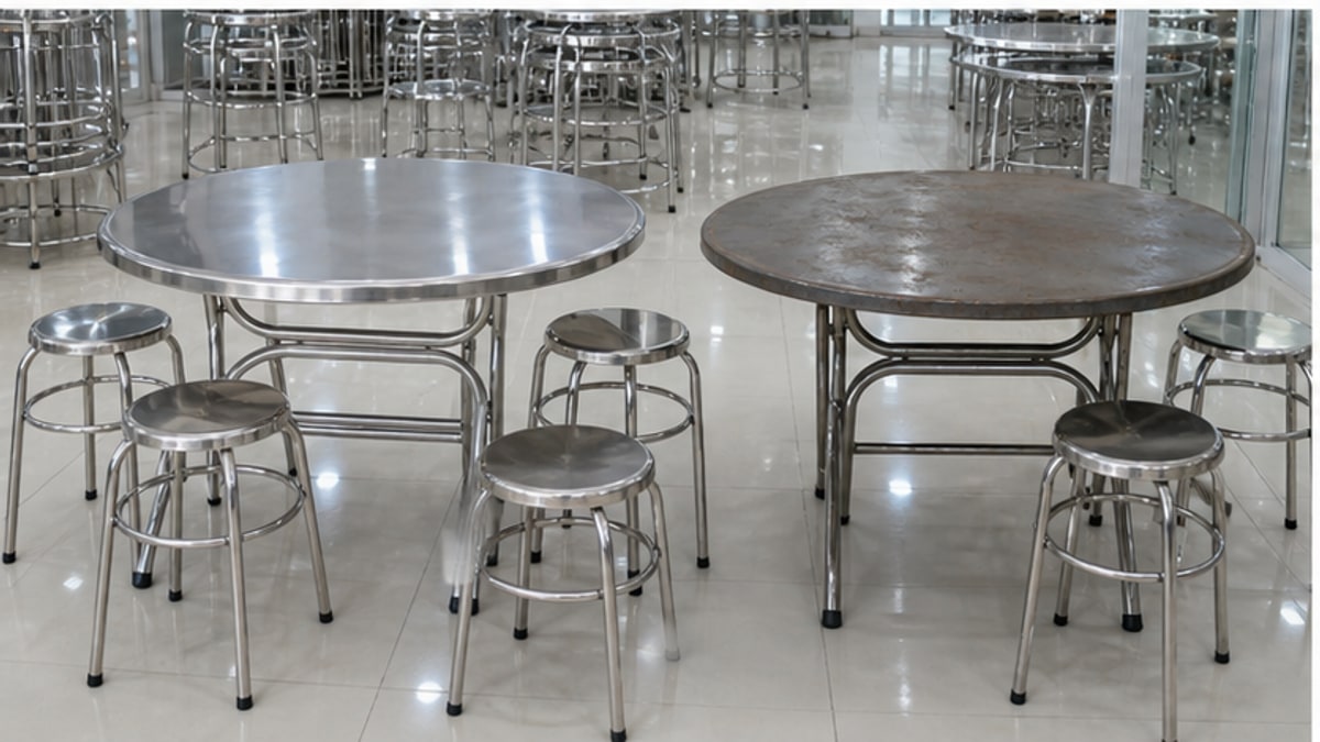 so sánh bàn tròn inox 304 mới và bàn inox thanh lý