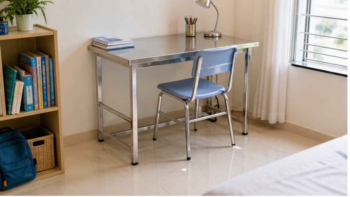 Bàn học sinh inox trong góc học tập gia đình