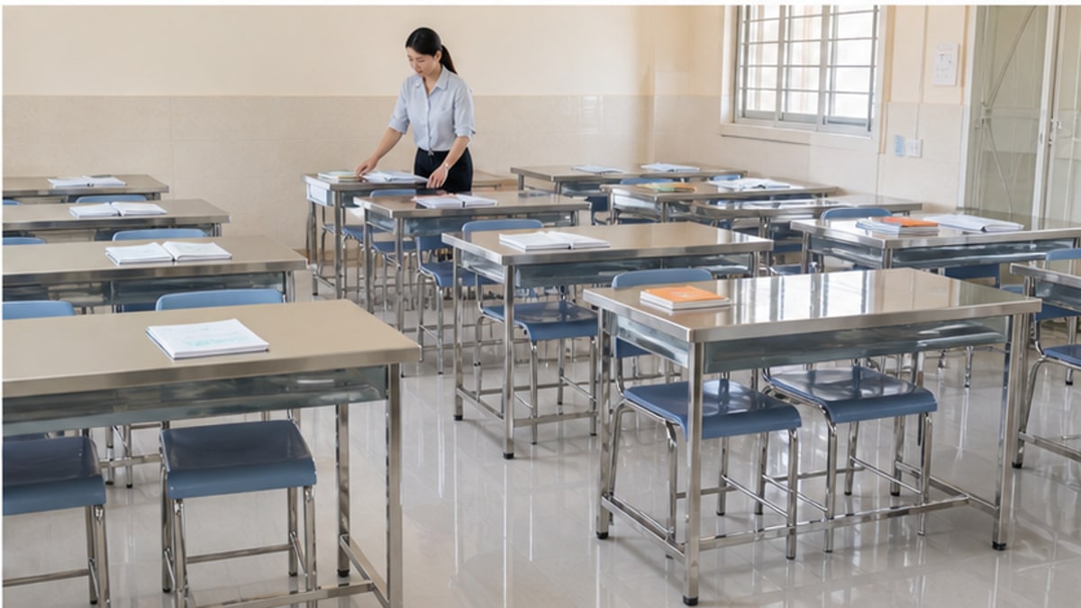 Bàn học sinh inox trong phòng học thêm gọn gàng