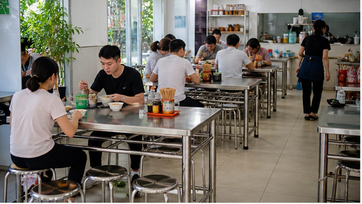 bàn inox trong quán ăn sáng sạch với lối đi gọn