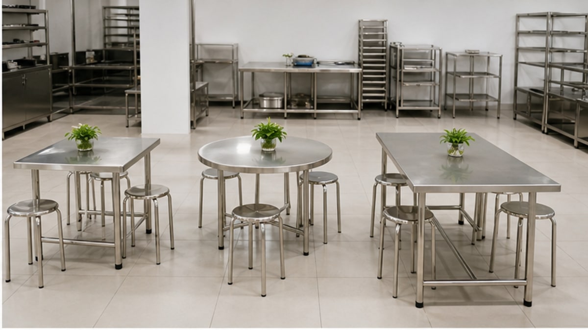 so sánh bàn inox vuông tròn và chữ nhật trong showroom